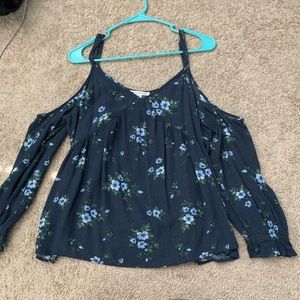long sleeve navy blue with flowers on it blouse